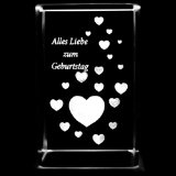 3D Laser Kristall Glasblock mit LED Beleuchtung - Herzen Schriftzug ALLES LIEBE ZUM GEBURTSTAG